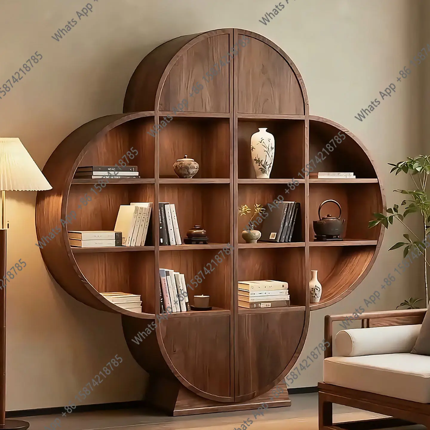 

Книжный шкаф-стеллаж из североамериканского черного ореха в стиле Song, в форме четырехлистного клевера, с лепестковыми элементами, для гостиной, из массива дерева, модель Bogu