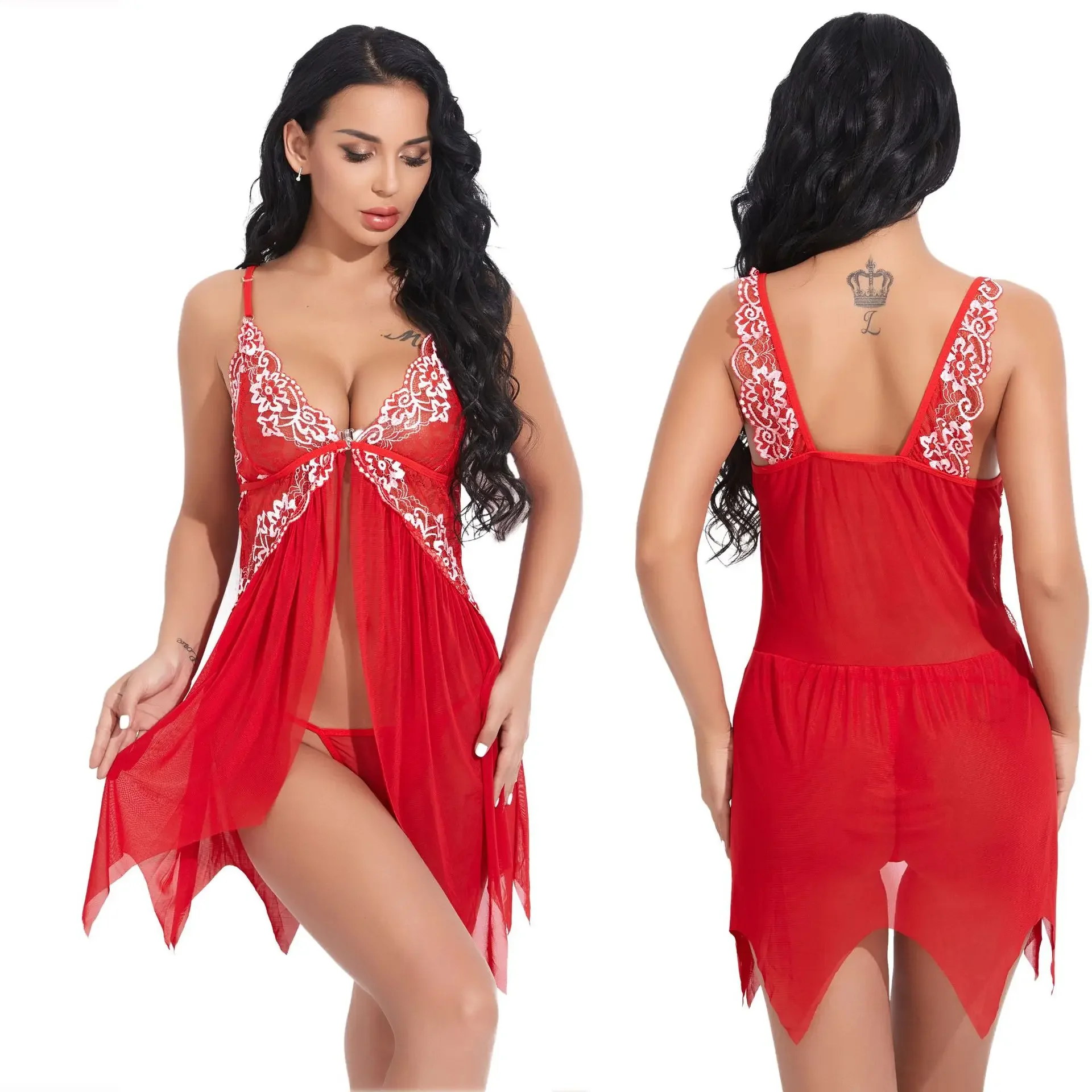 여성 섹시 란제리 베이비돌 속옷 에로틱 드레스 시스루 레이스 슬립웨어 나이트드레스 + 끈 팬티 섹시 코스튬 섹스 드레스