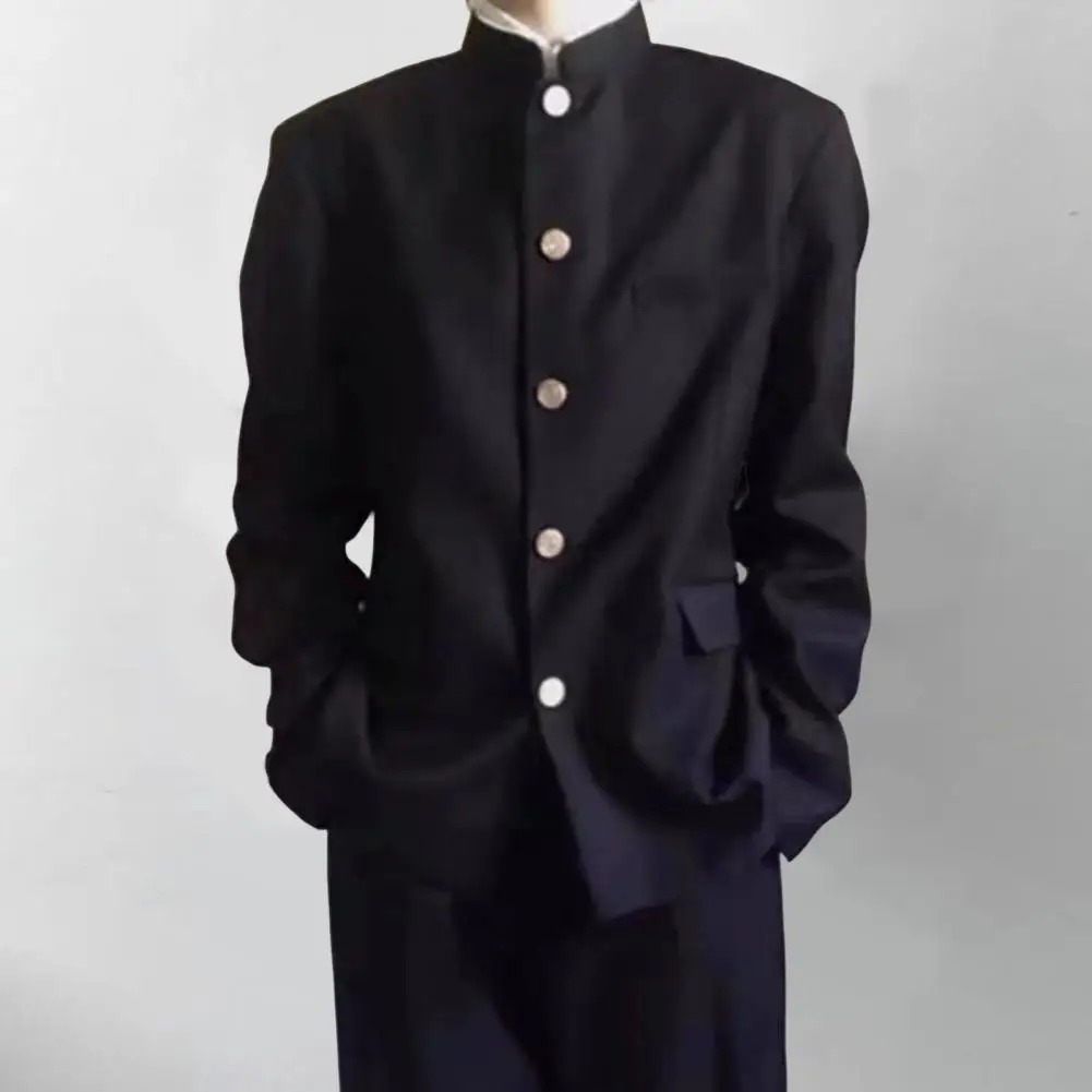 Stand-up Collar Suit Jacket Elegant Stand-up Collar Men's Suit Coat with Flap Pockets Formal Single-breasted Jacket for Chinese