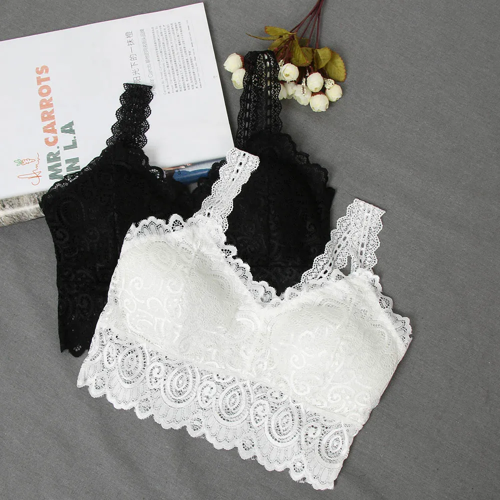 Women Black White Sexy Tank Tops Lace Floral Crochet Padded Bra Cotton Tank Tops Sexy V-Neck Lace Crochet Vest Casual