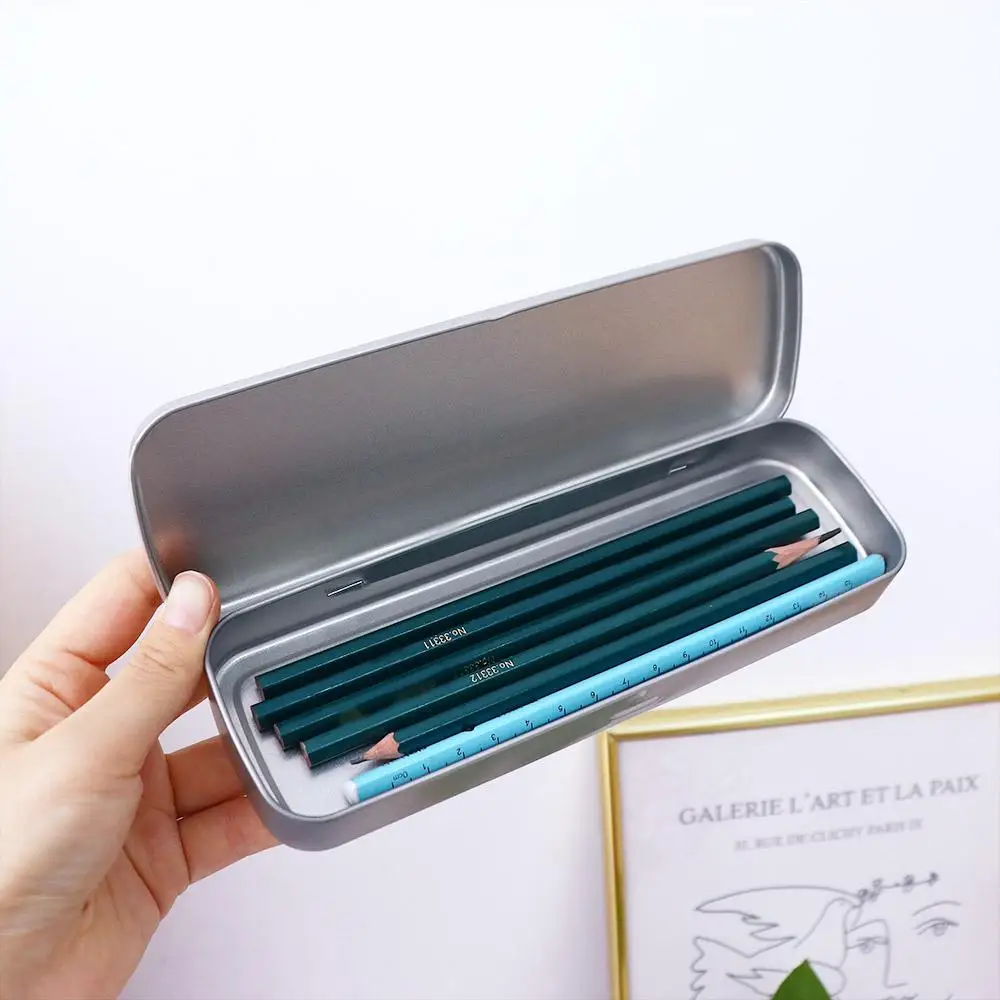 For  High Quality Single Layer Pen Box Metal Silver Pencil Box Stationery Box Pencil Storage Box Pencil Case