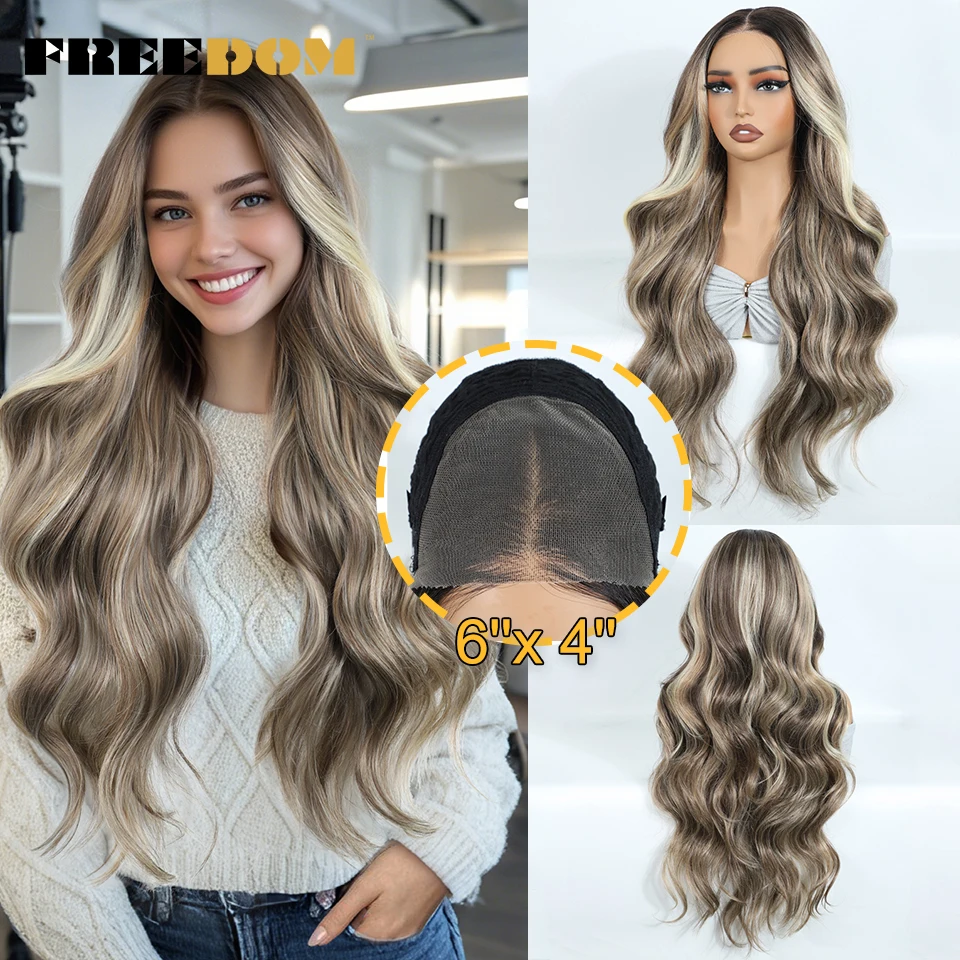 

FREEDOM Synthetic Lace Front Wigs For Woman Long Body Wave Wear and Go Glueless Wig Ombre Brown 6x4 Pre Plucked Pre Cut Lace Wig