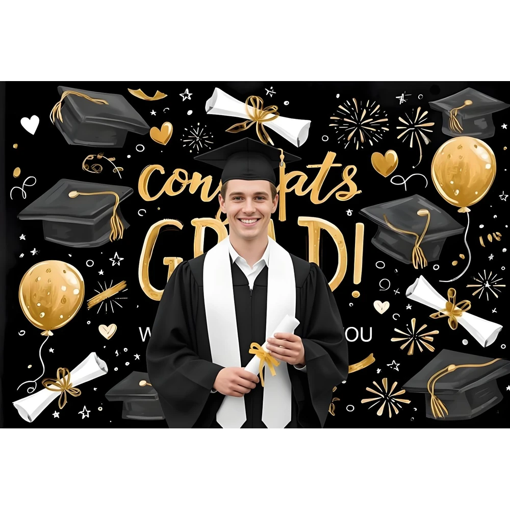 Class of 2026 Congrats Grad Backdrop for Photography Gold Black Glitter Spots Graduate Portrait Party Decor Background Banner