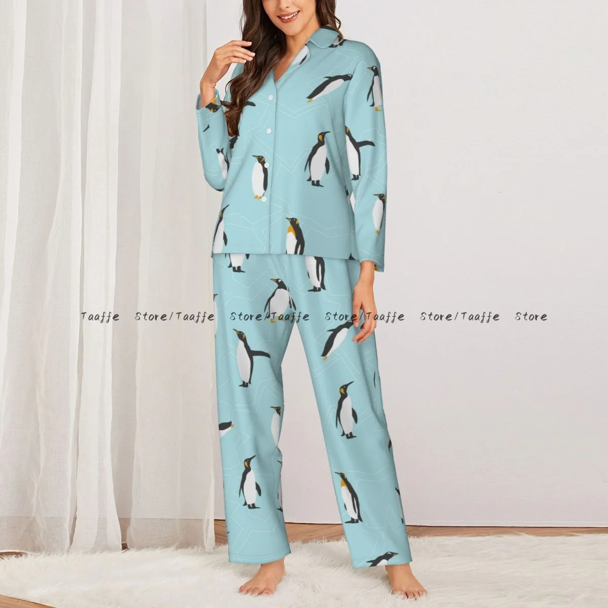 Pigiama da notte da donna Simpatico pinguino con ghiaccio a maniche lunghe Pijama Set da donna Abito cardigan da vestaglia