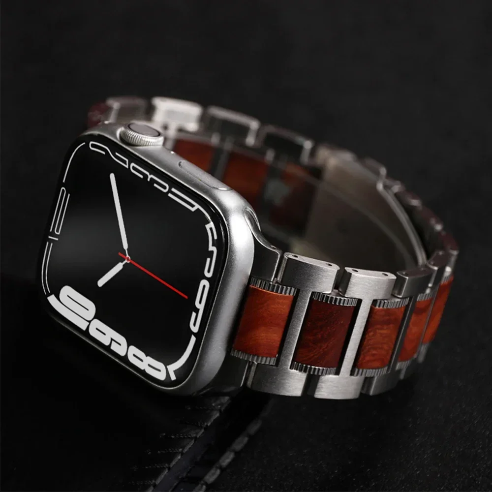 316 Steel+red Sandalwood Strap for Apple Watch 49mm 45mm 44mm 42mm 41mm 40mm Luxury Band Iwatch Series 9 8 7 6 5 4 Se 3 Ultra 2