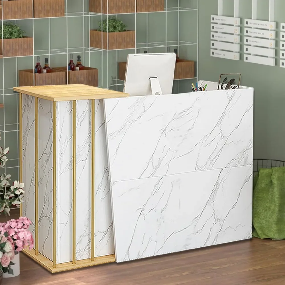 

Reception Desk, 47/55" Retail Counter Desk Front Desk with Lockable Drawer and Storage Shelf, Wooden Business Furniture,140CM