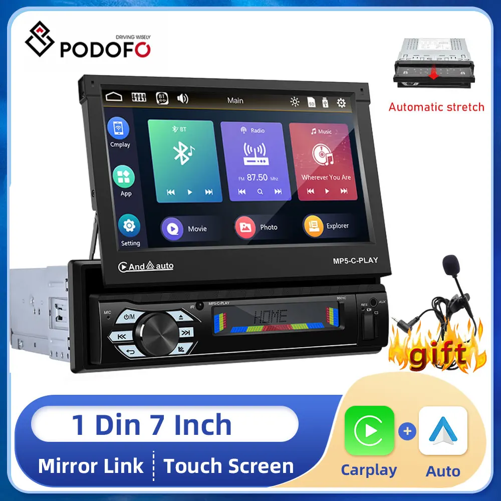 

Podofo 1din Car Radio CarPlay 7" Automatic Telescopic Screen 1 Din Video Multimedia Player Universal Audio Video MP3 No DVD