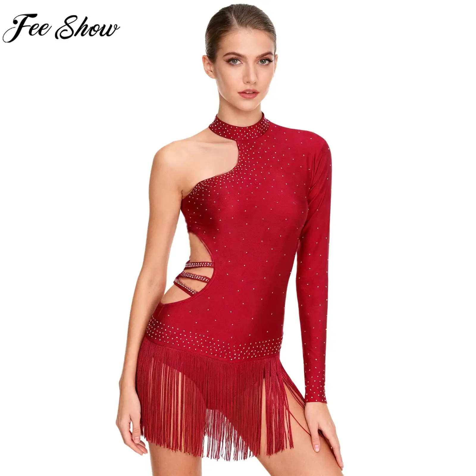 Vrouwen Latin Dance Turnpakje Een Schouder Strass Backless Kwastje Bodysuit voor Kunstschaatsen Cha-cha Tango Samba Rumba Ballroom
