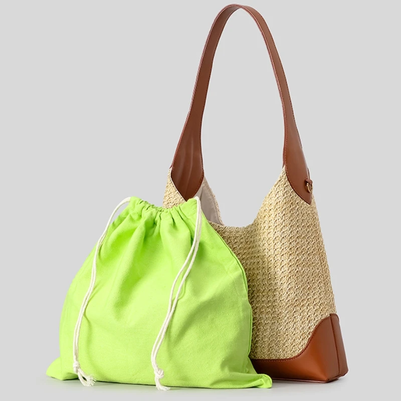 

Casual Large-capacity Straw Bag 2026 New Model Woven Women's Tote Bag Trend PU Leather Patchwork Summer Beach Bag Sac A Main