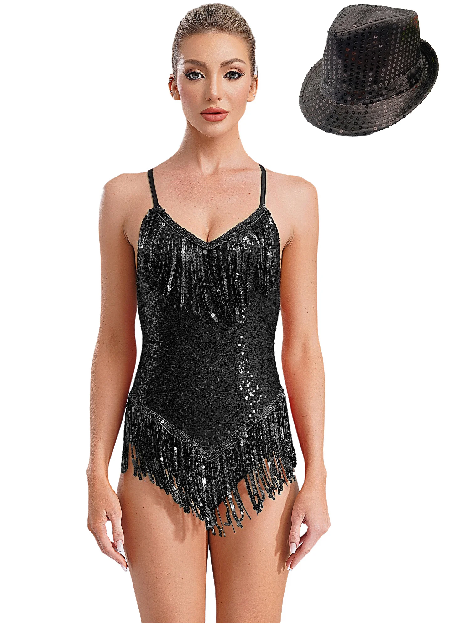 Women Salsa Cha-cha Tango Jumpsuit Sequins Ballroom Performance Fringed Bodysuit with HatLatin Dance Costume Tassels Leotard