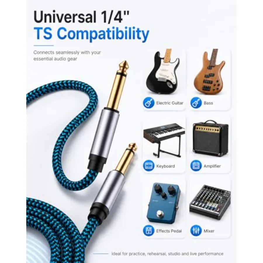 Guitar Cable, 1/4 Inch TS Instrument Cord with 24K Gold-Plated Connectors, Nylon Braided, Noise Reduction Shielding -for Electr view 2