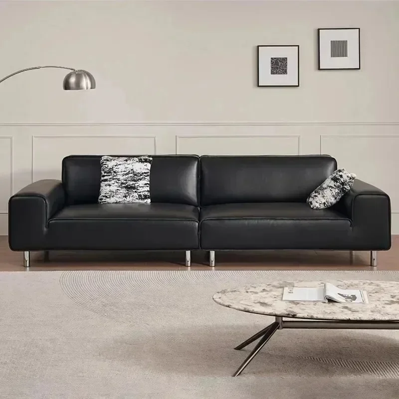 Italian minimalist black cow leather sofa, first-layer cowhide living room straight row sofa