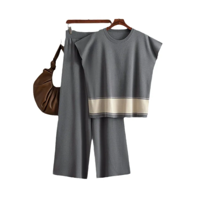 レディースニット2点セットトップスワイドレッグパンツスーツTシャツパッチワークラウンドカラーニット outfits オフィスレディサマー2025