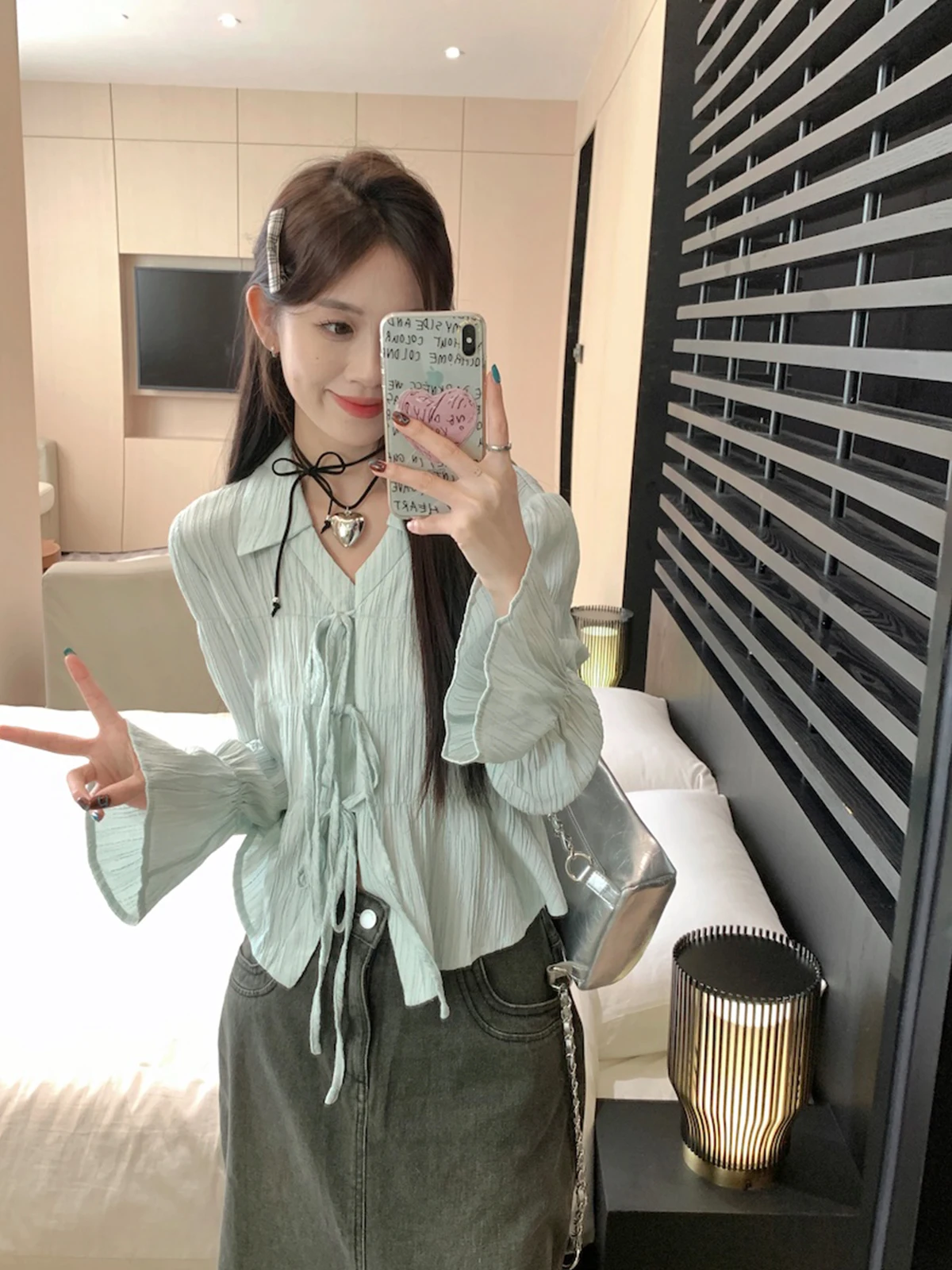 

plus Size Women's Shirt Long Sleeve Pleated Belted Slimming Design Spring Autumn Fashionable French Style V-Neck High Waist