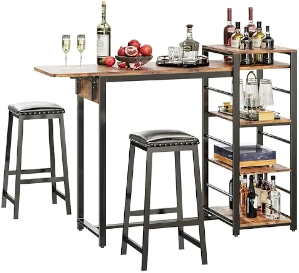 

3-Piece Bar Table Set for 2, 47 inch Bar Table with Drop Leaf & Stools & 3 Storage Shelves, Small Kitchen Table for Dining Room