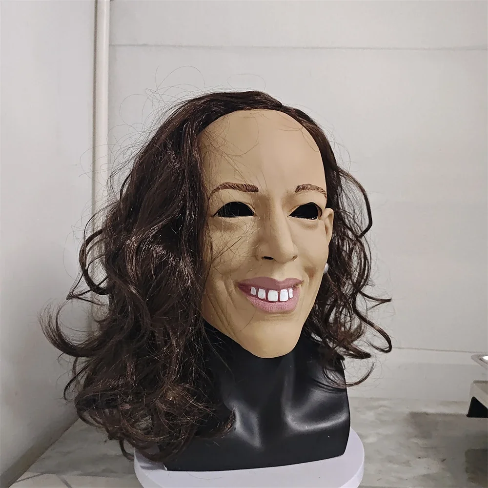 Harris Realistic Character Mask With Hair Halloween Pranks Costume Props Kamala Harris Cosplay Latex Head Cover Supporter Gifts