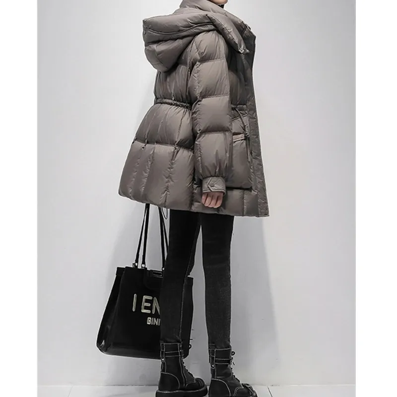 Grey Hooded White duck down Jacket 2025 Winter New Korean version Women's Loose Thicken Down Coat Female Warm Parka Overcoat