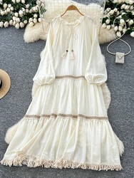 Spring Autumn Women's Vacation Long Sleeved Dress Bohemian Retro Loose A-line Large Swing Tassel Long Dress D46