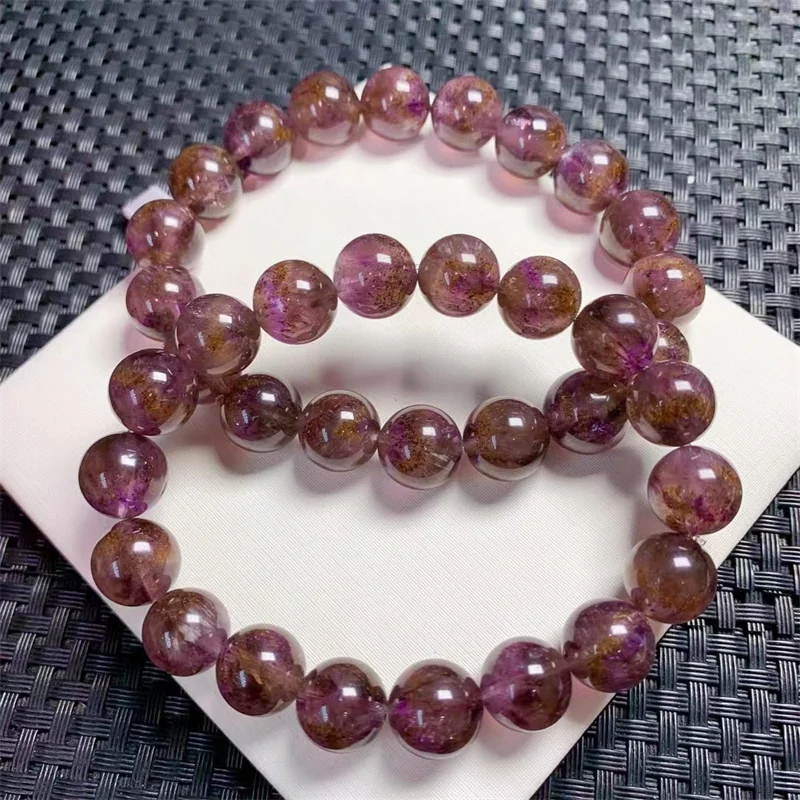 11.8MM Natural Purple Rutilated Bracelet Women Fashion Energy Crystal Round Bead Stretch Bangles Couple Jewelry 1PCS