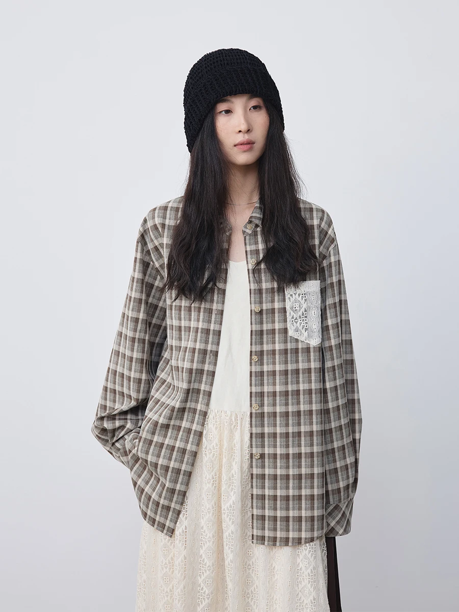 

CAREMIND Chic Design Lace ket Patchwork Plaid Long Sve irt Spring Outing Casual Loose Fit Collar Button up Top