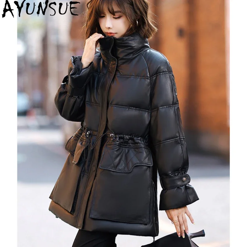 AYUNSUE-Chaqueta de piel de oveja auténtica Para mujer, abrigo holgado con cuello levantado, moda de invierno