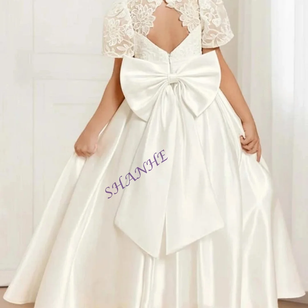 CustomizedCustomized Girls Princess Flower Girl Dress for Wedding 2-14 Kids Ivory Lace Satin First Communion Dress Ankle Length