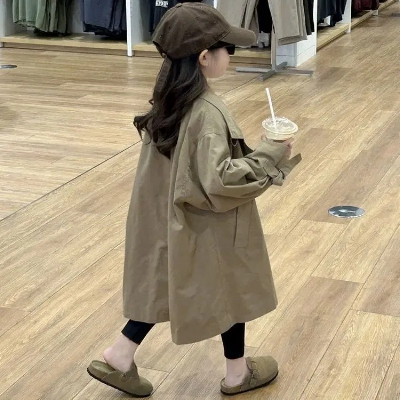 Girls Trench Coat Spring and Autumn Korean Version Children's Loose Casual Fashion British Style Khaki Jacket 110-150CM