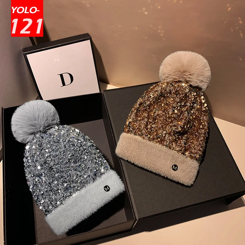 Shine Hats Women Winter Warm Knitted Hats Sequins Cute Dome Bonnet Warm Fashion Woolen Hats Casual Solid Beanies for Women