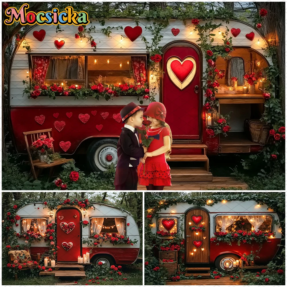 

Mocsicka Valentine's Day Photography Background Red Rose Flowers Forest Love Rv Decoration Girl Photo Backdrop Wedding Wallpaper