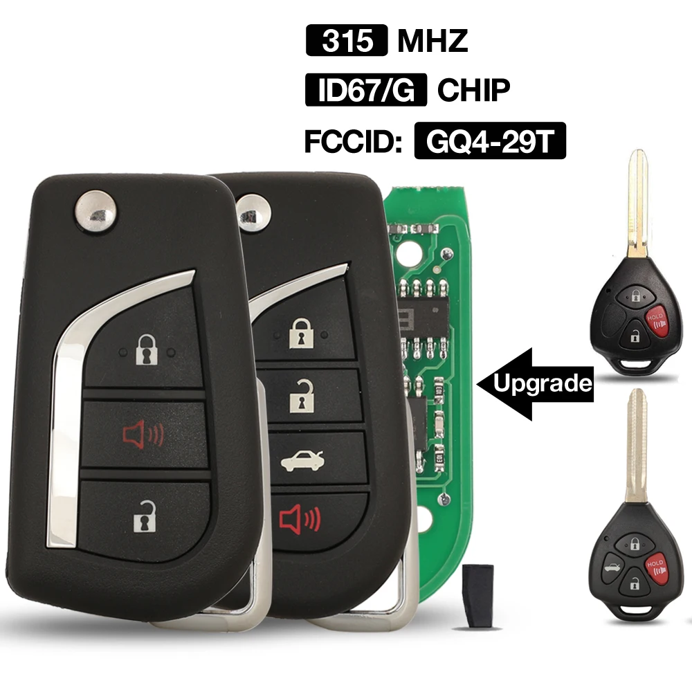 jingyuqin 3/4 BTN GQ4-29T Upgrade Flip Rmeote Car Key 315Mhz For Toyota Corolla Pontiac Matrix Transponder ID67/G Chip Optional