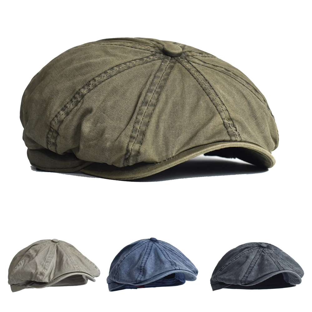 Washed Cotton Newsboy Cap Peaky Octagonal Hat Vintage Casual Cap Solid Berets Visor Gatsby Flat Ivy Hat