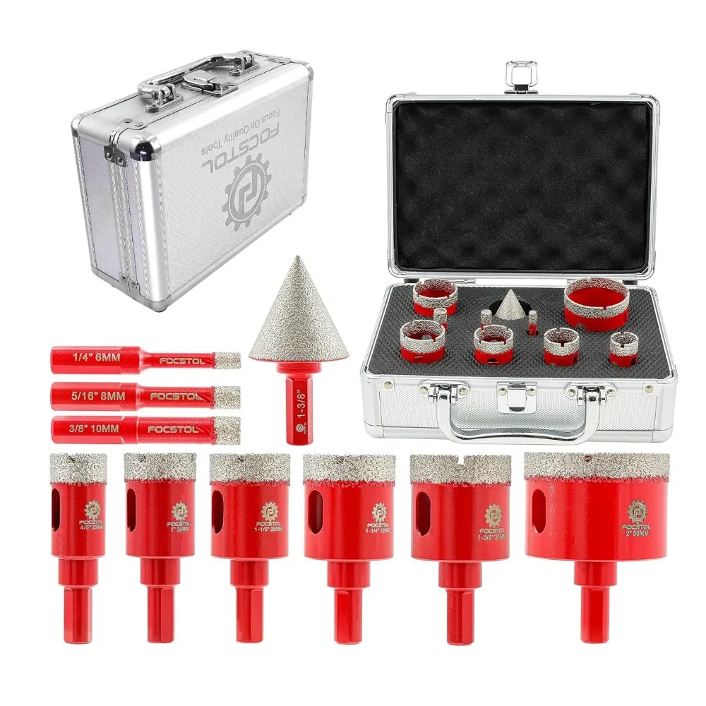 FOCSTOL 10ピース ダイヤモンドコアドリルビットセット ベベリング/面取りビットと三角シャンク付き、様々な穴サイズに対応