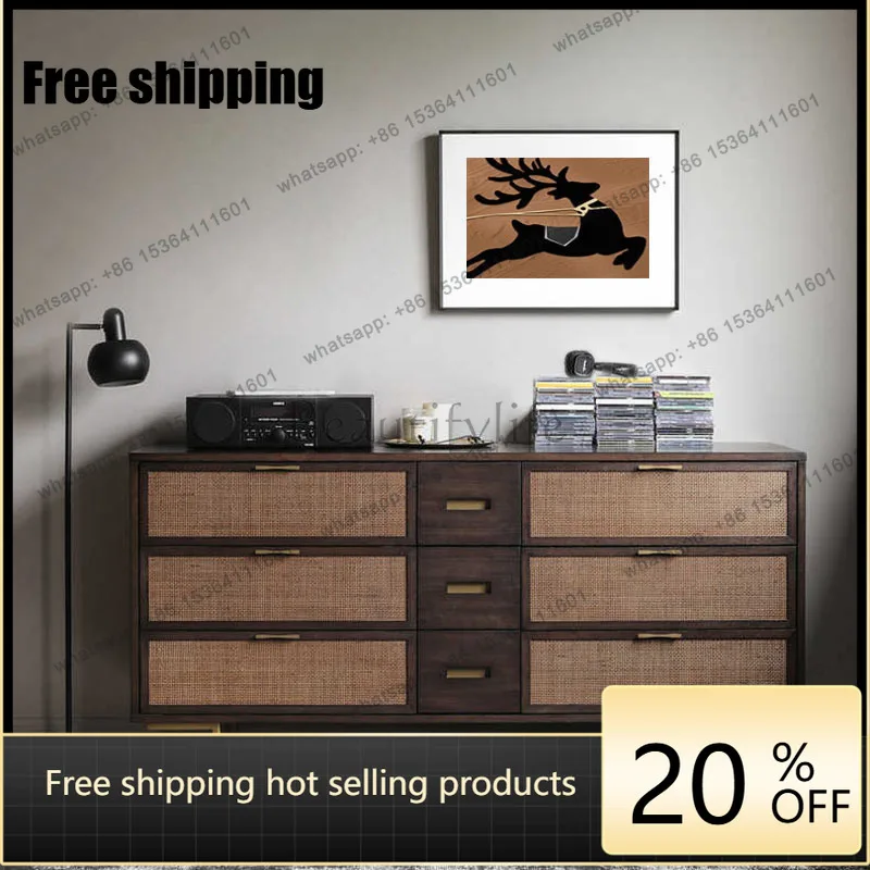 hot  Solid wood rattan rattan art 9 bucket cabinet wabi sandy wind bedroom storage cabinet master bed