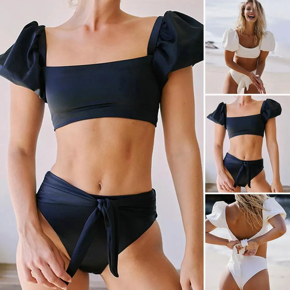 Dwuczęściowy zestaw kostiumów kąpielowych Stylowe damskie zestawy bikini z kontrolą brzucha Push Up Funkcje Kwadratowy kołnierzyk Bufiasty rękaw Sznurowany biustonosz