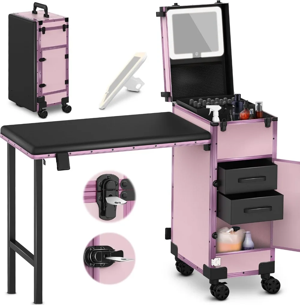 Rolling Portable Manicure Table with 2 Drawers, Mirror & Nail Polish Organizer, Lockable Makeup Train Case with Foldable Nail