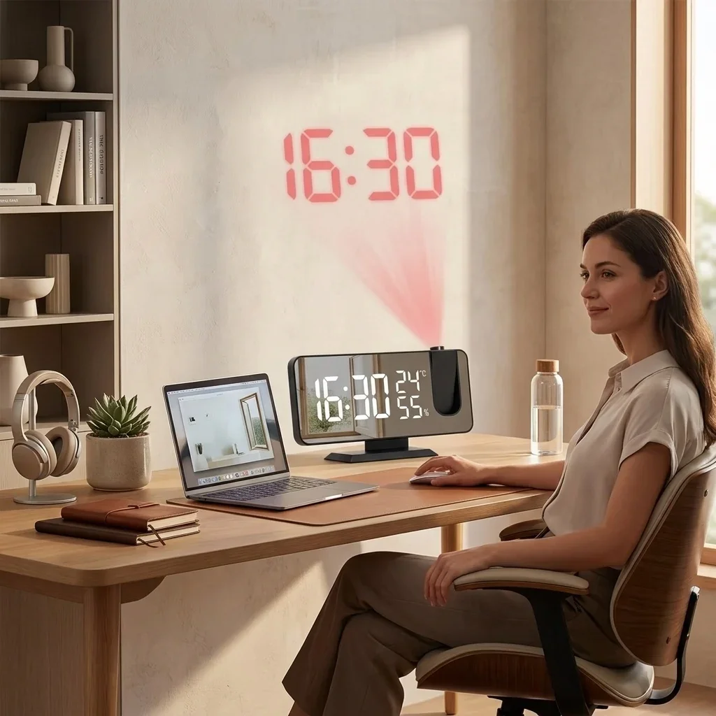 180 Degree Time Projector Radio LED Digital Smart Alarm Clock USB Wake Up Table Desktop Multifunctional Display