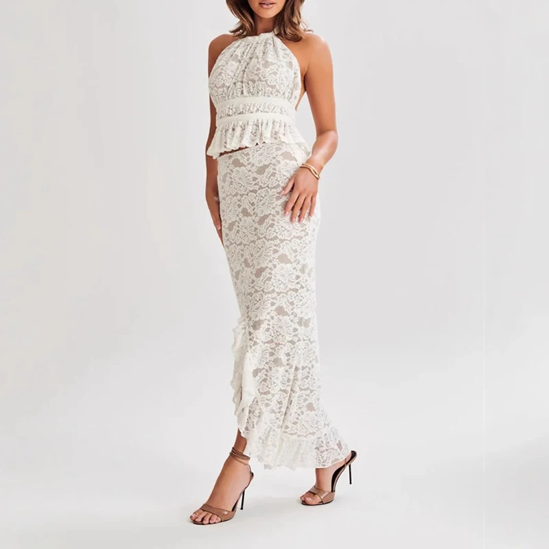 

Sexy Lace Backless Halter Vest Wrap Hips Half Skirts Matching Sets Elegant Women Daily Commuting Outfits Fashion Party Solid Set