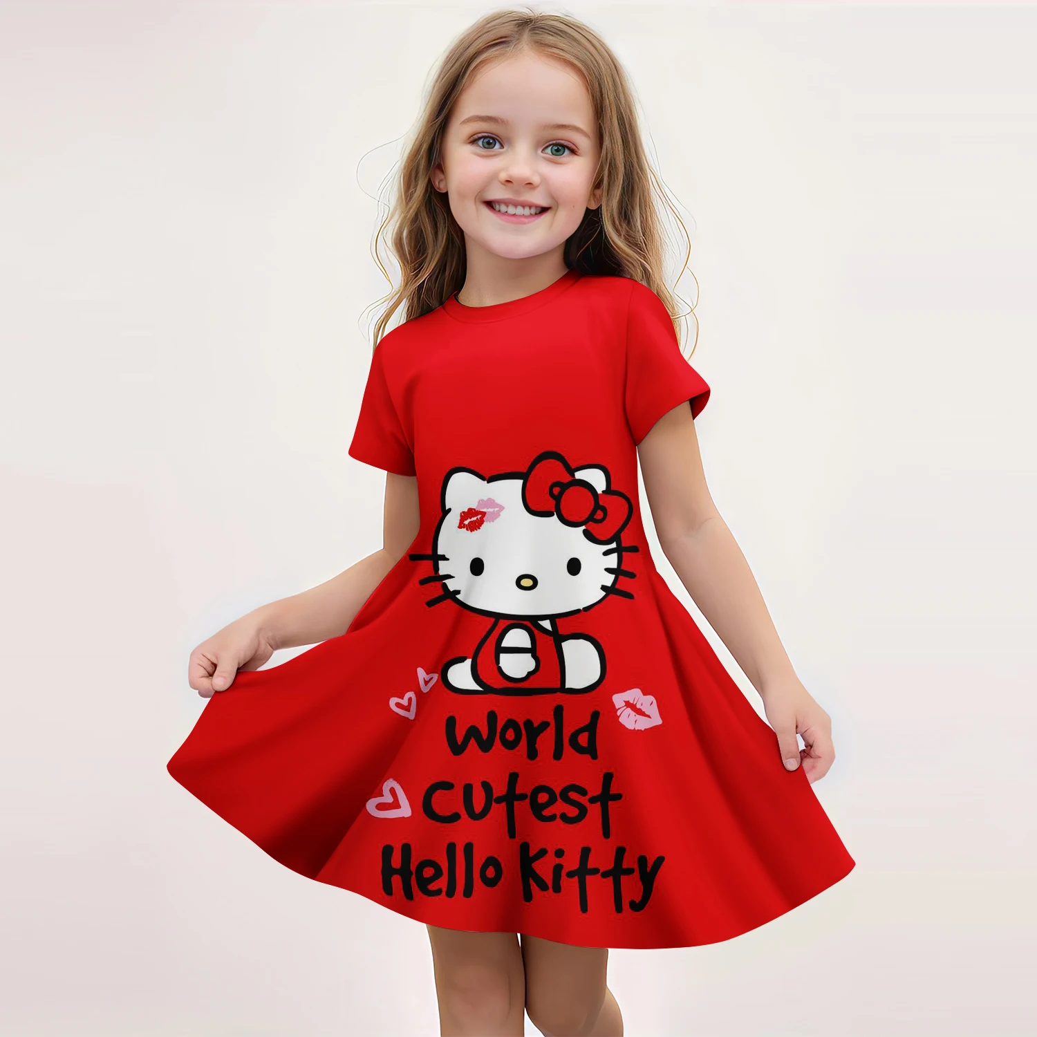 Popolare Miniso Summer children\'s New Fashion Girl Dress confortevole Home Outdoor Cartoon Cute Hello Kitty Dress 3D Print Red Ser