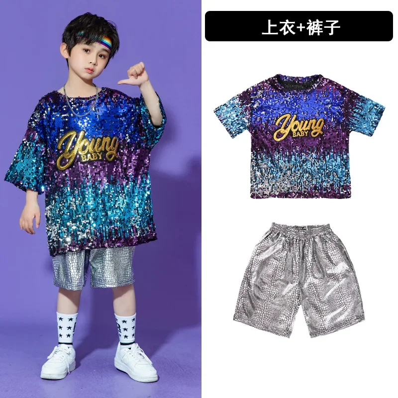 Boys' Jazz Dance Costumes Drum Sets Performance Clothes Summer Silver Sequined T-shirt Singer Rehearsal  Glitter Costume