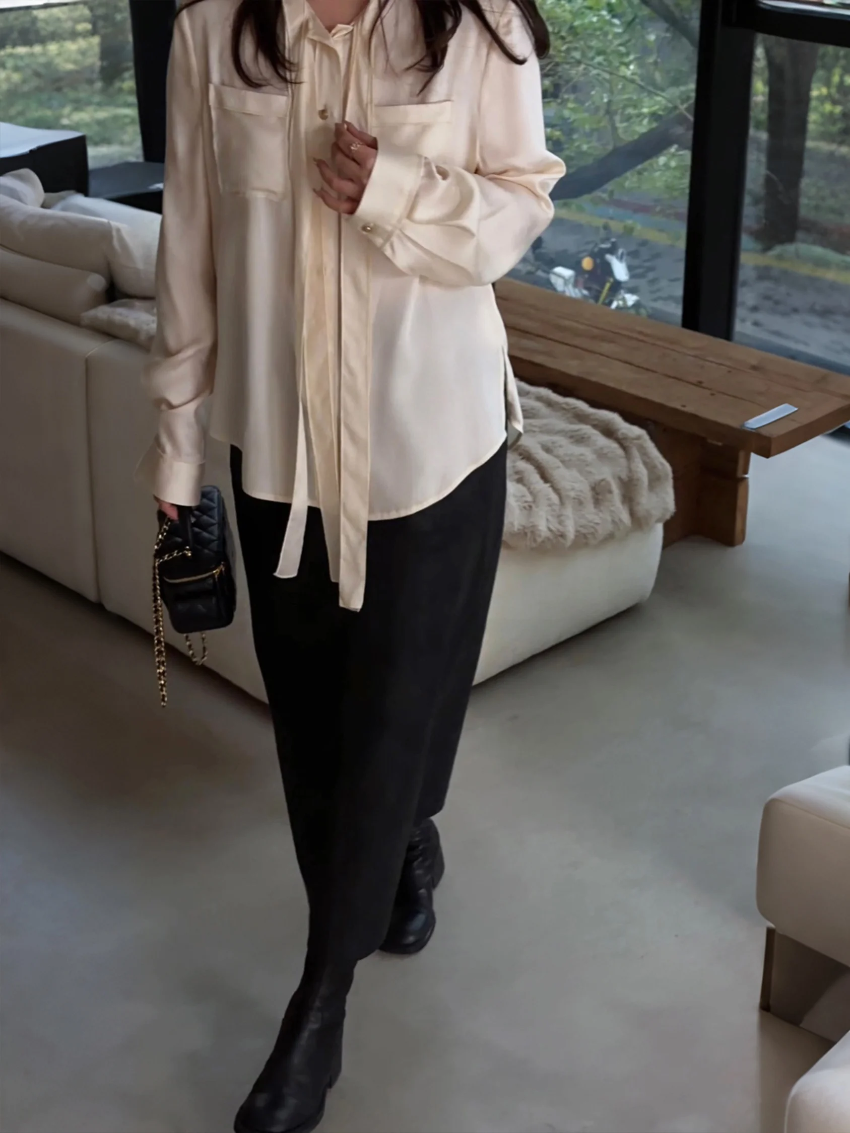 

JiJi Private Collection Women's irt Loose Fit Casual Sle 00% Lyocell Fabric Stand Collar Sa Spring Early Breathable