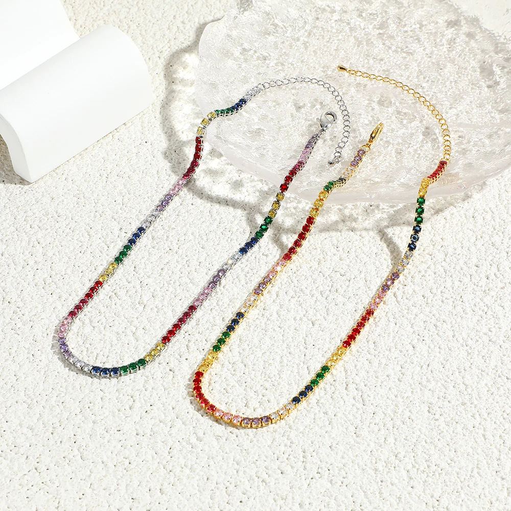 2024 Colorful Rainbow CZ Tennis Chain Bracelet Necklace Micro Pave Red Pink Purple CZ Gold Plated Fashion Wedding Set Jewelry