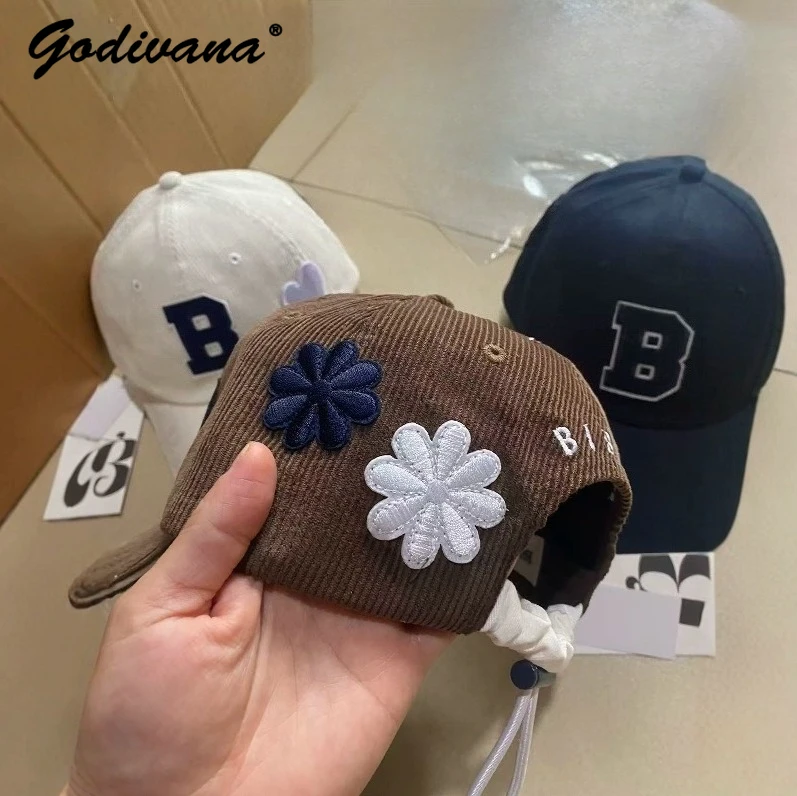 Japanese New Autumn Female Girls Flower Embroidered Caps Cool Corduroy Baseball Caps Hats