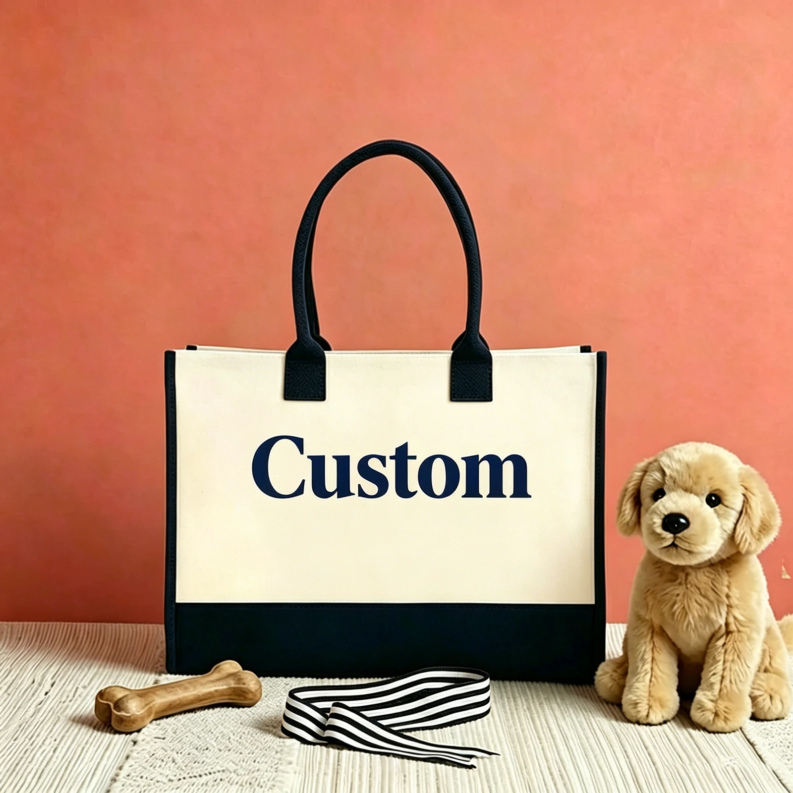 Double Side Custom Canvas Tote Bag Dog Cat Portrait Personalized Name Two Tone Reusable With Inner Pocket For Shopping