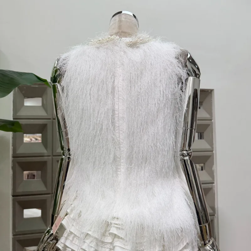 ANJY Summer New Women Elegant Fashion Fringed Tassel Pearl O-Neck Sleeveless Tank Top Layered Lace Patchwork Short Skirts A23322