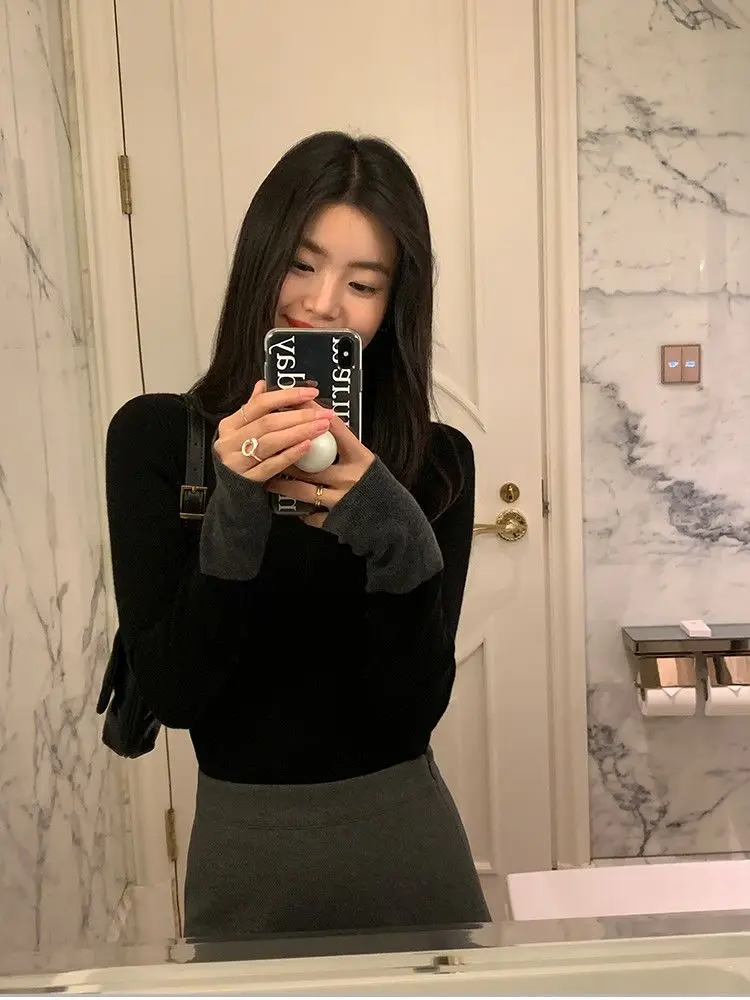 Autumn Winter Long Sleeve Half Turtle Neck T-Shirt Women's Contrast Color Design Slim Fit Versatile Temperament Bottoming Top