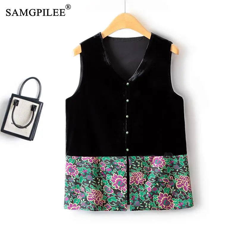 

Vests For Women 2023 Spring Autumn New Chinese Style V Neck Single Breasted Printed Stitching Velvet Sleeveless Jacket Woman 4XL
