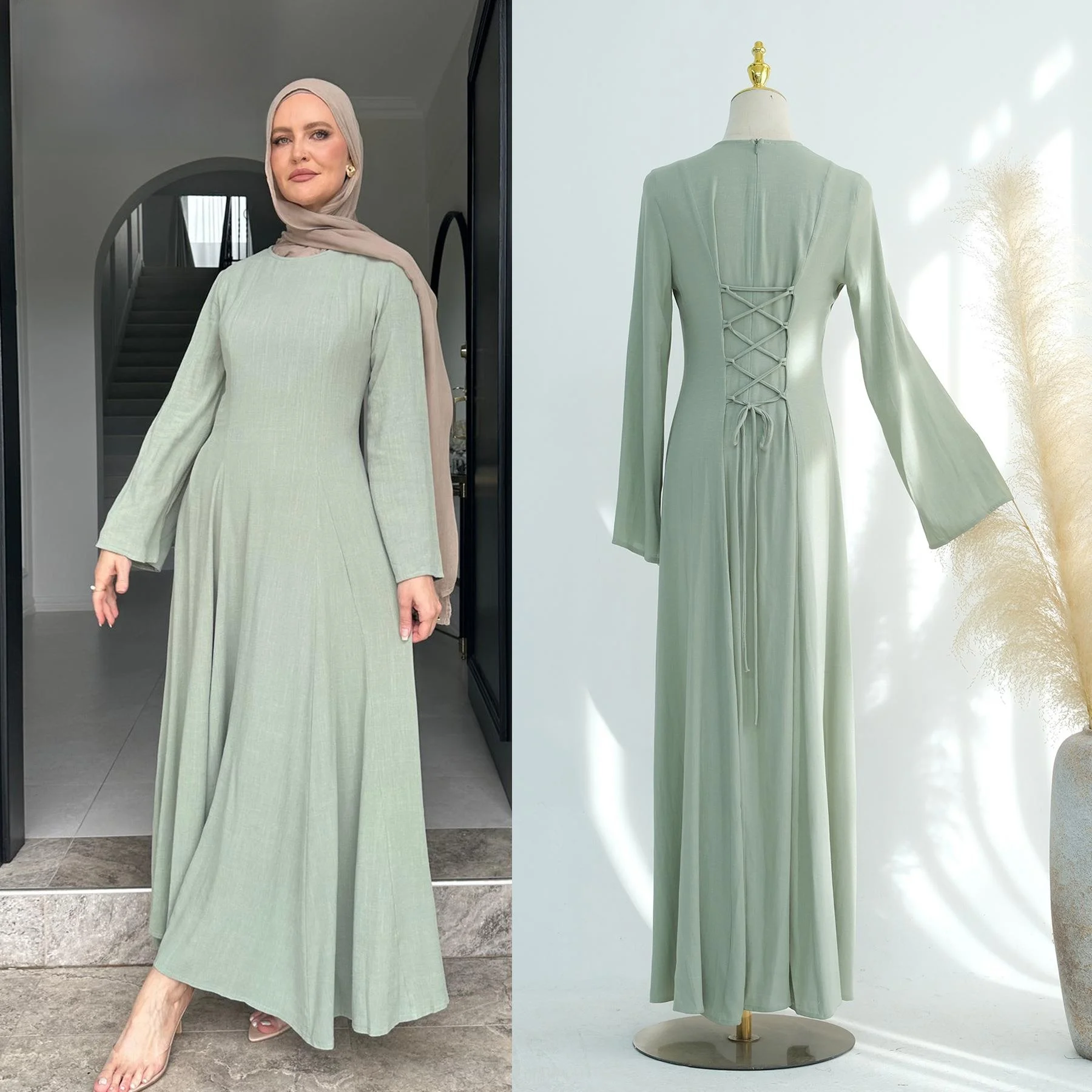 

Однотонное длинное платье-халат в дубайском стиле с большим бантом, модель LR94, осенняя коллекция, китайское производство