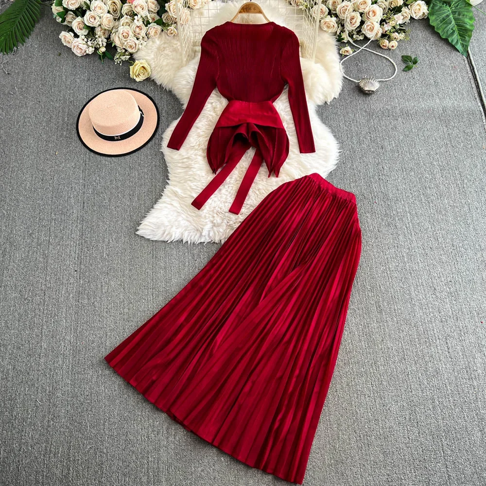 Elegant Long Sleeve Vintage O-neck Chic Bandage Slim Top High Waist Pleated Skirt Fashion Evening High Street Autumn Winter Sets