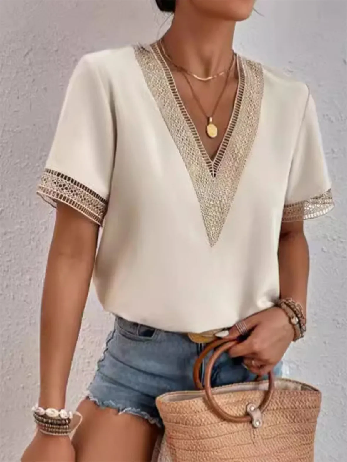 

Lace Blouse Women V-Neck Loose Fit Office Shirt Spring Summer Casual Work Tops