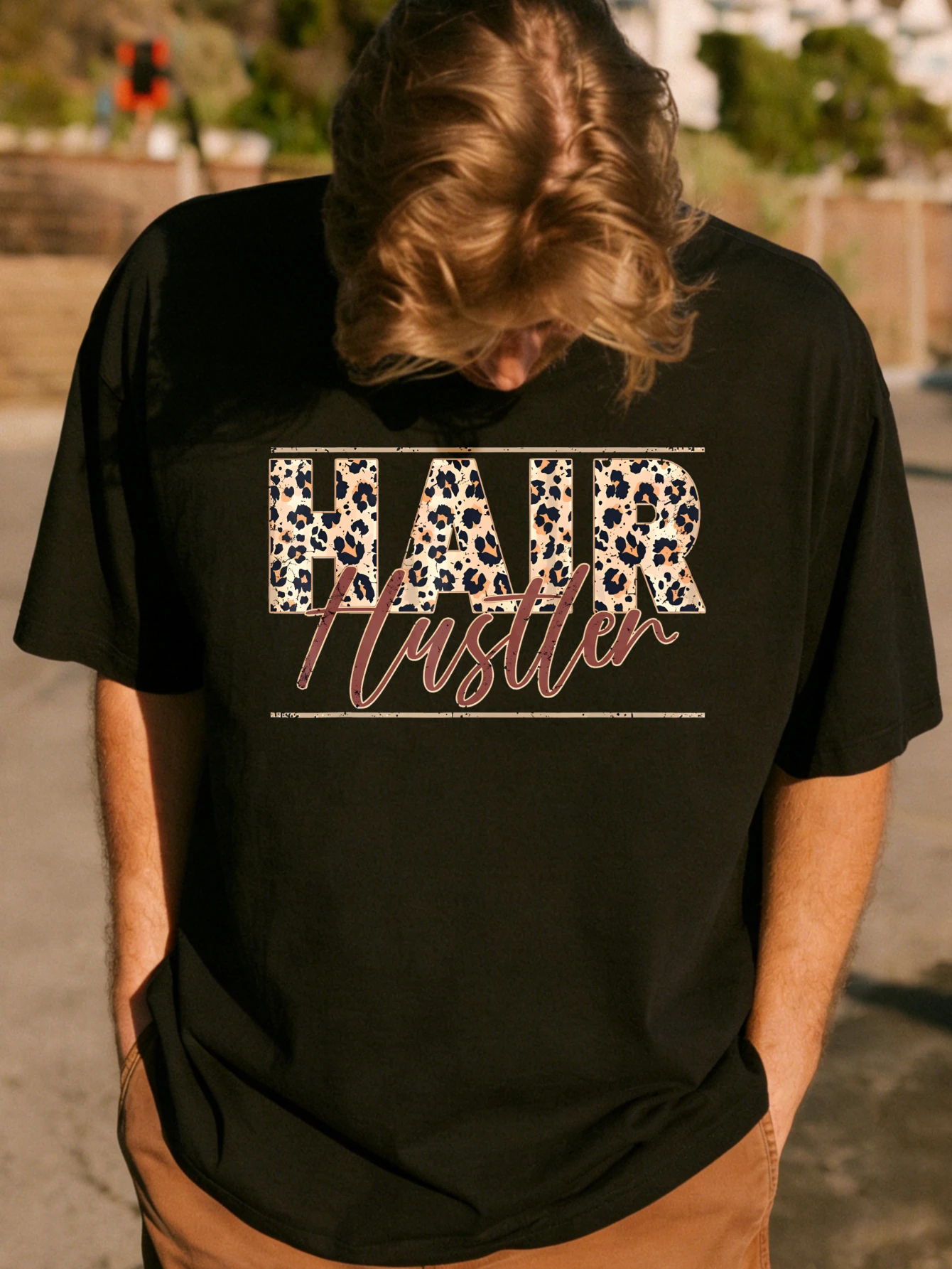 Mens Oversized Cotton Streetwear T Shirt 'HAIR IT GROWS' Leopard Print Graphic Short Sleeve Casual Summer for Men